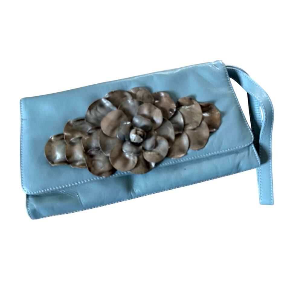 Paola Masi italian leather floral 3D applique clutch purse in aqua